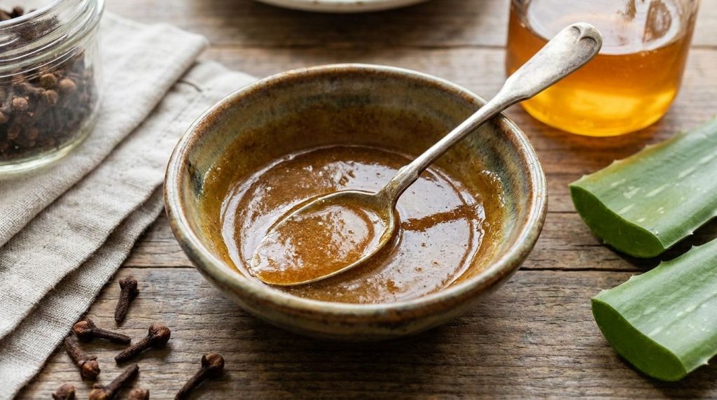 A small bowl containing a freshly mixed brownish-gold clove paste with a spoon ready for application The texture looks s