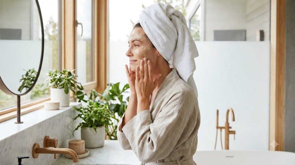 A woman gently applying a DIY face mask to her clean skin with a relaxed expression in a well-lit bathroom setting