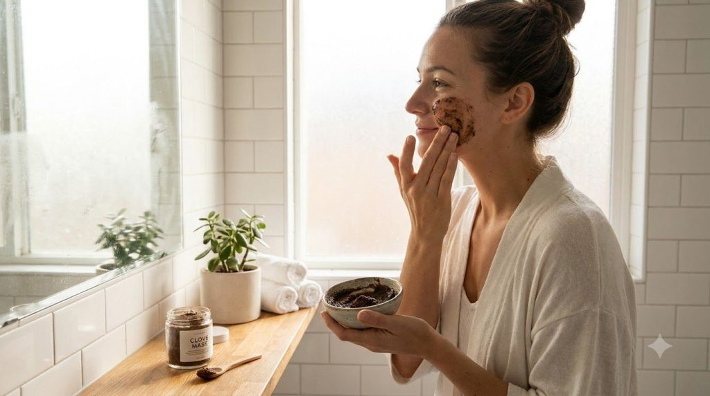 A woman gently applying a homemade clove face mask to her clean face in a bright bathroom setting
