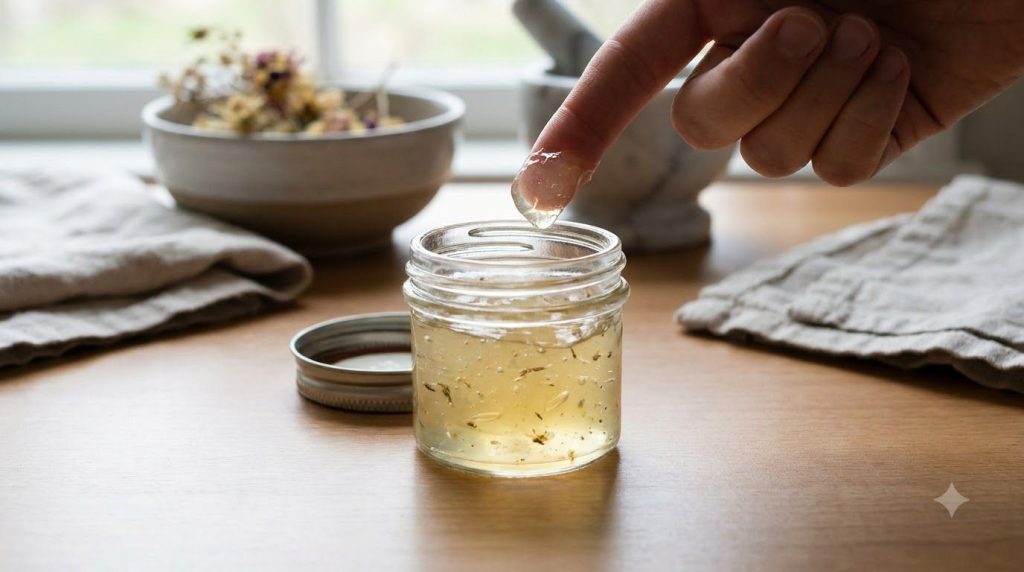A small clear jar of the freshly made DIY anti-aging gel with a clean finger taking a small amount ready to apply to the