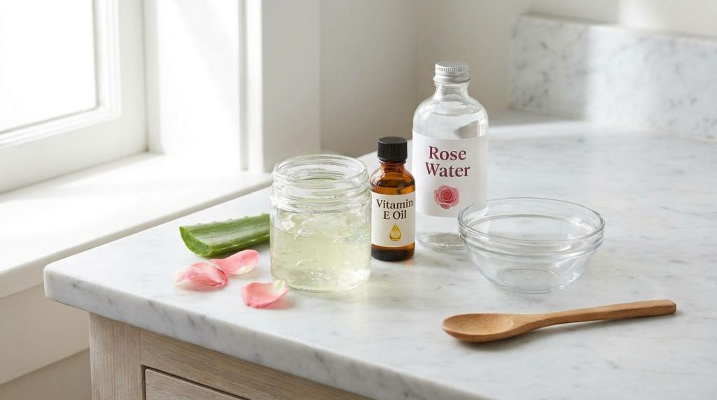 Ingredients for the DIY anti-aging gel laid out a bottle of aloe vera gel a bottle of vitamin E oil and a bottle of rose