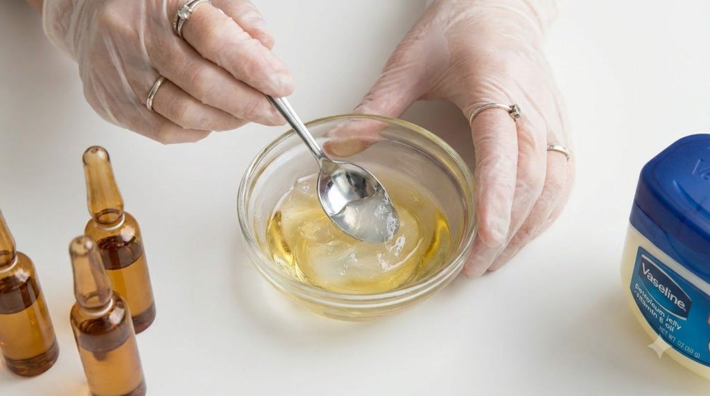 A close-up shot of hands mixing Vaseline and Vitamin E oil in a small glass bowl with a spoon creating a smooth balm