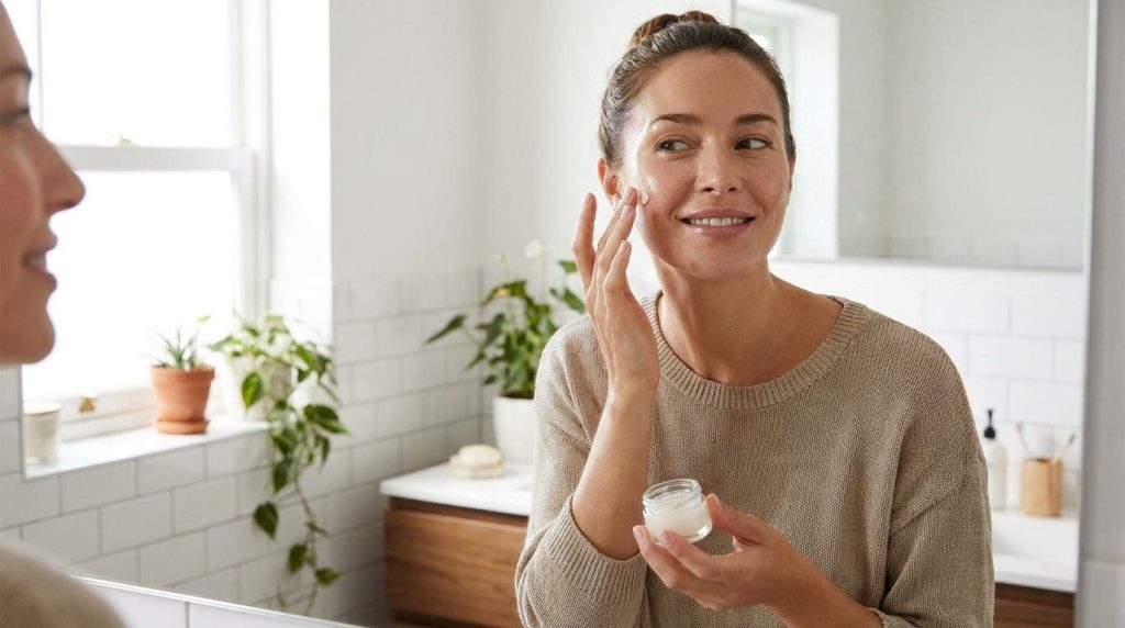 A woman gently applying a small amount of the Vaseline mix to her face focusing on her cheek or forehead with soft upwar