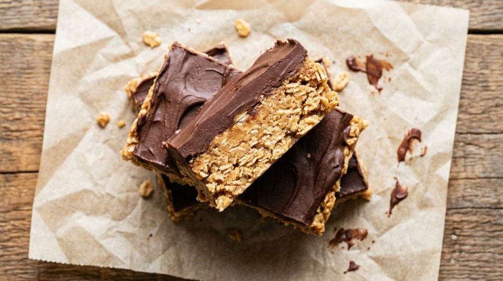 A stack of no-bake peanut butter oatmeal bars showing layers of peanut butter oatmeal base and a chocolate topping They 