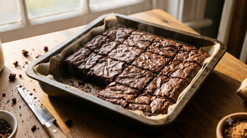 A pan of deeply dark rich fudgy chocolate brownies cut into neat squares with one square slightly pulled out to show the