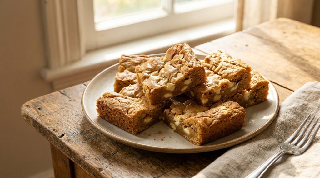 A plate of golden-brown chewy blonde brownies possibly with white chocolate chips or nuts visible cut into squares They 