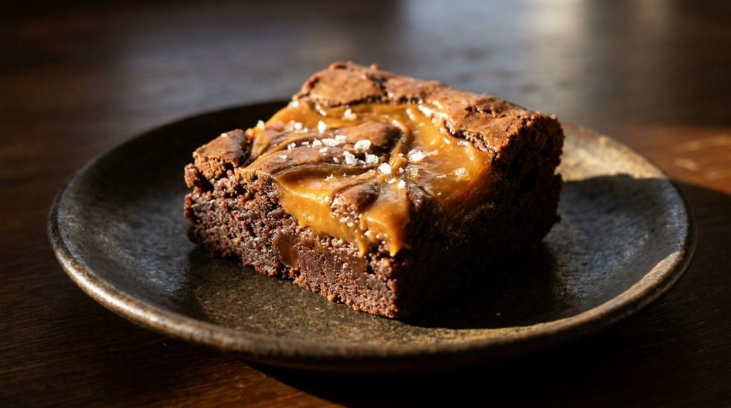 A close-up of a square of rich chocolate brownie with a golden salted caramel swirl visible on top possibly with a few f