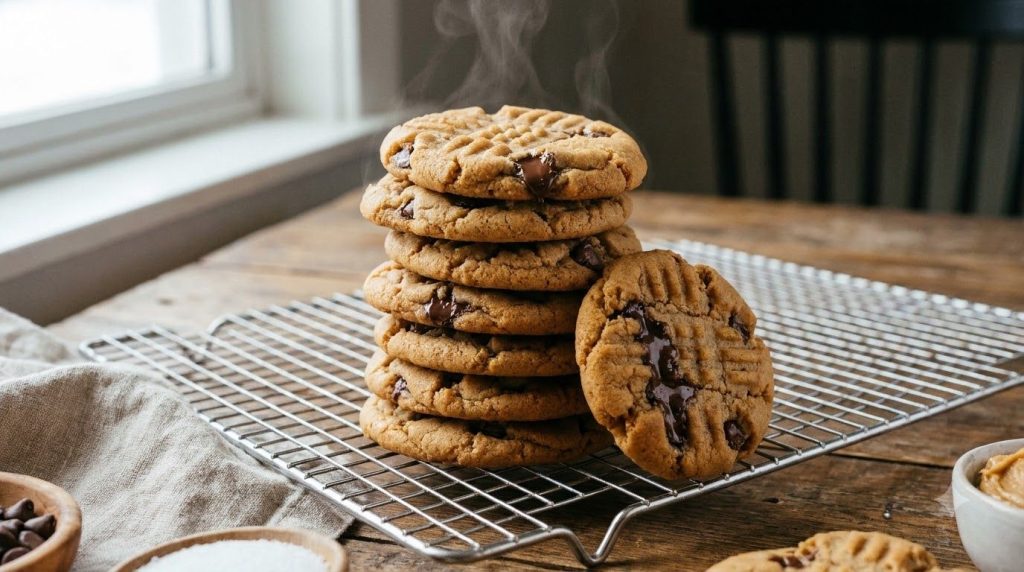 A stack of warm soft and chewy peanut butter chocolate chip cookies showing their characteristic criss-cross fork marks 