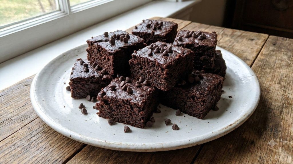 A plate of healthy black bean brownies cut into neat squares showing a dark dense and slightly moist interior without lo