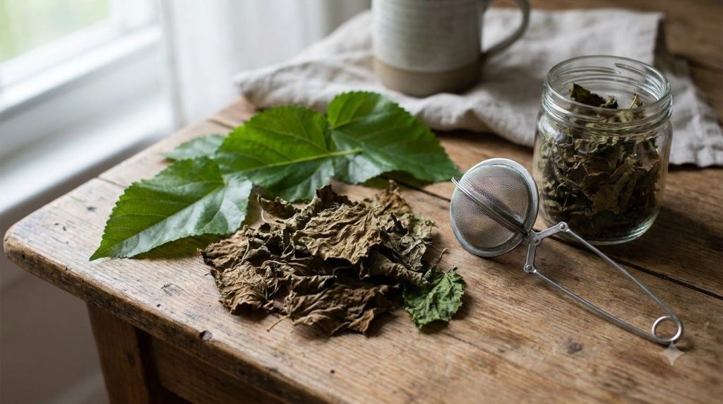 A collection of dried mulberry leaves and some fresh leaves next to a tea infuser and a small glass jar illustrating pre