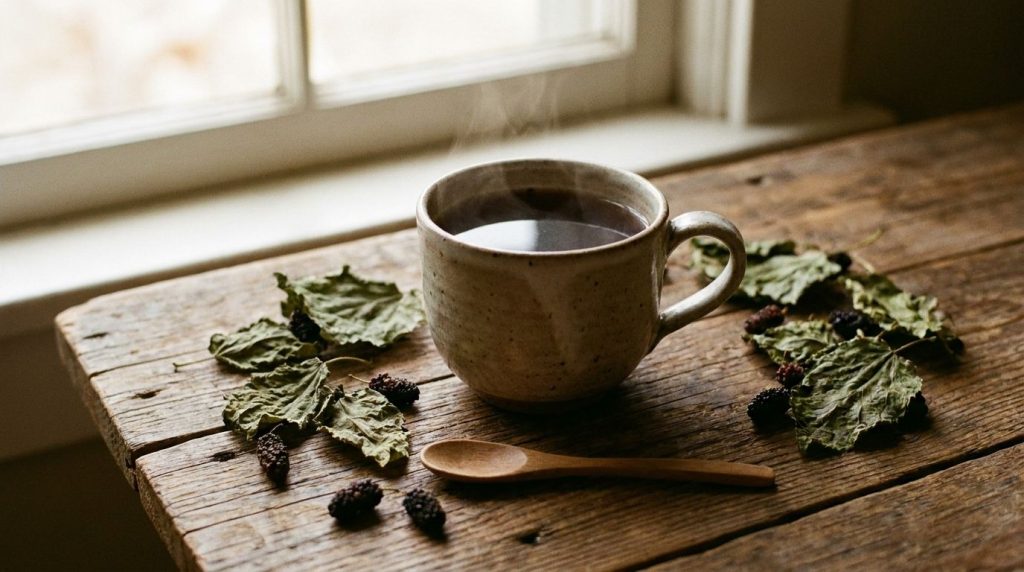 A steaming cup of mulberry leaf tea on a rustic wooden table with dried mulberry leaves scattered around the cup highlig