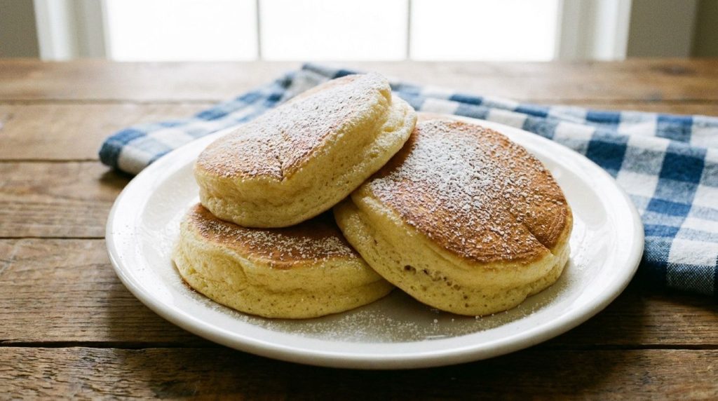 Three perfectly cooked stacked Japanese soufflé pancakes dusted with powdered sugar on a white plate