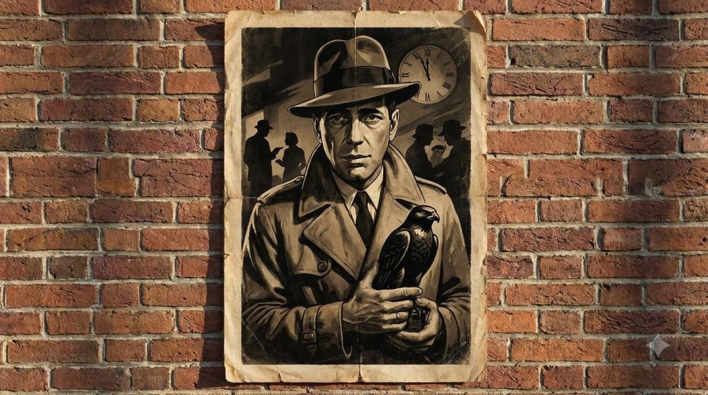 A vintage movie poster for The Maltese Falcon starring Humphrey Bogart