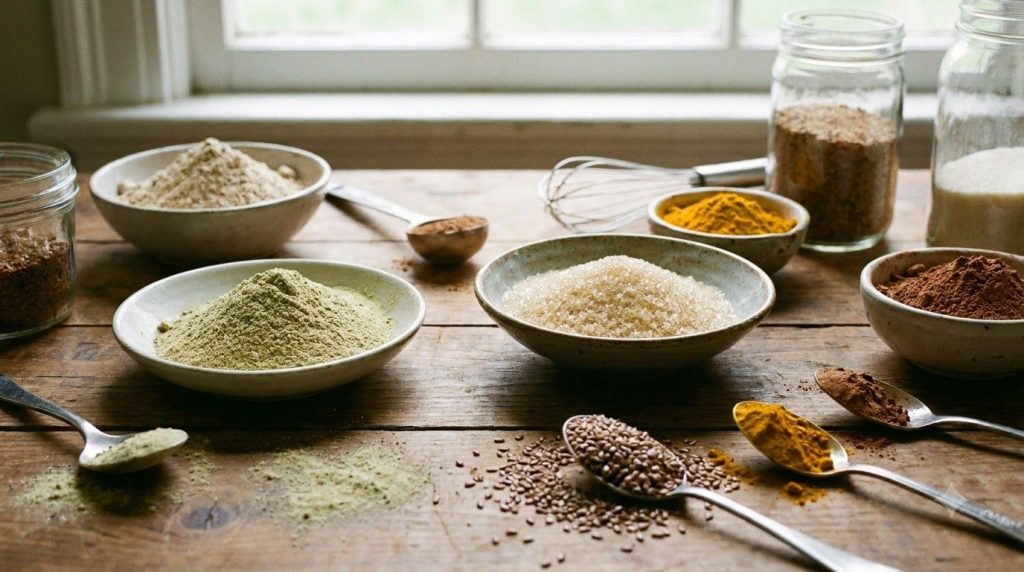 Various powdered ingredients like gelatin amla and flaxseed meal laid out on a clean surface ready to be mixed