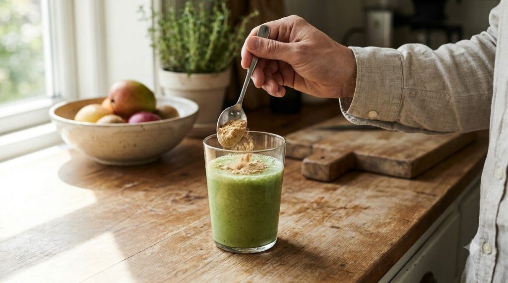 A smoothie with a spoon in a glass with the homemade collagen powder being stirred into it on a bright kitchen counter