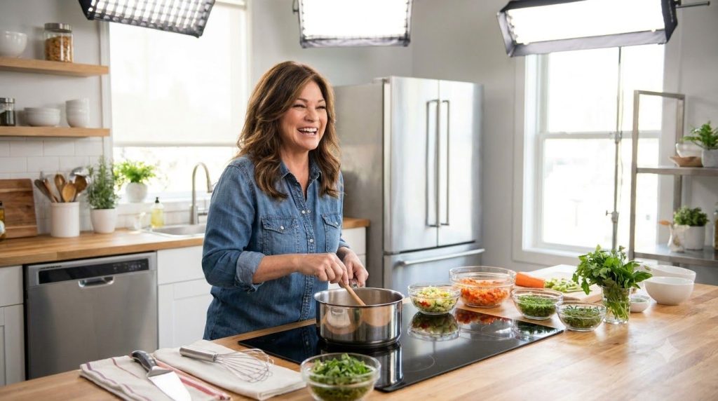 Valerie Bertinelli hosting a cooking show on Food Network smiling in a kitchen setting