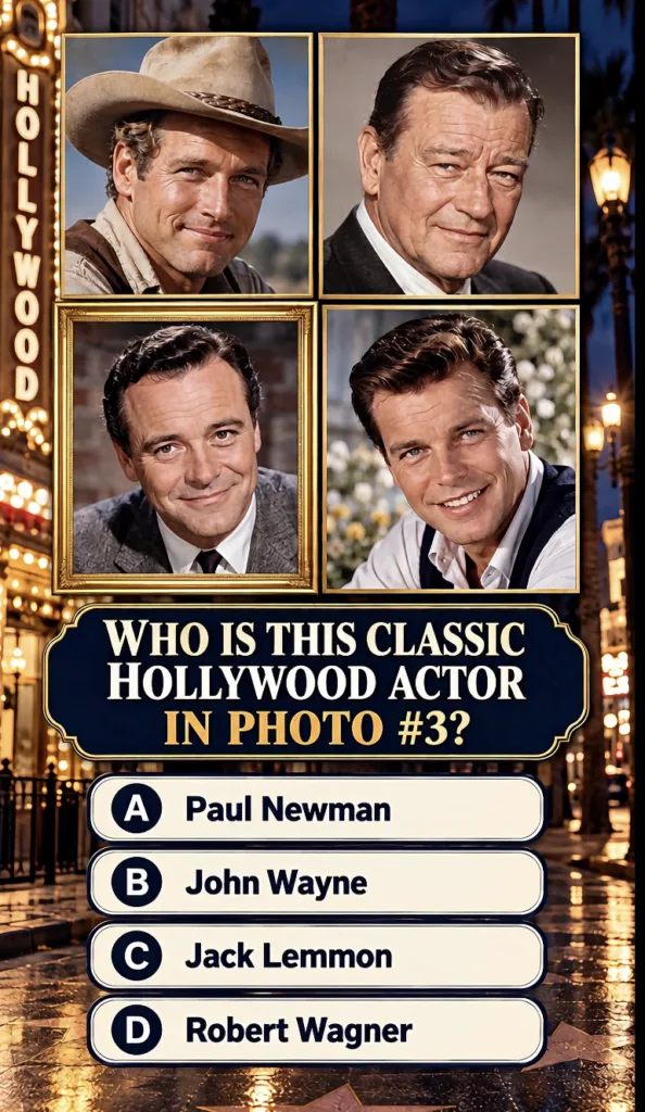 A classic Hollywood trivia quiz image with four portraits of actors The question WHO IS THIS CLASSIC HOLLYWOOD ACTOR IN 