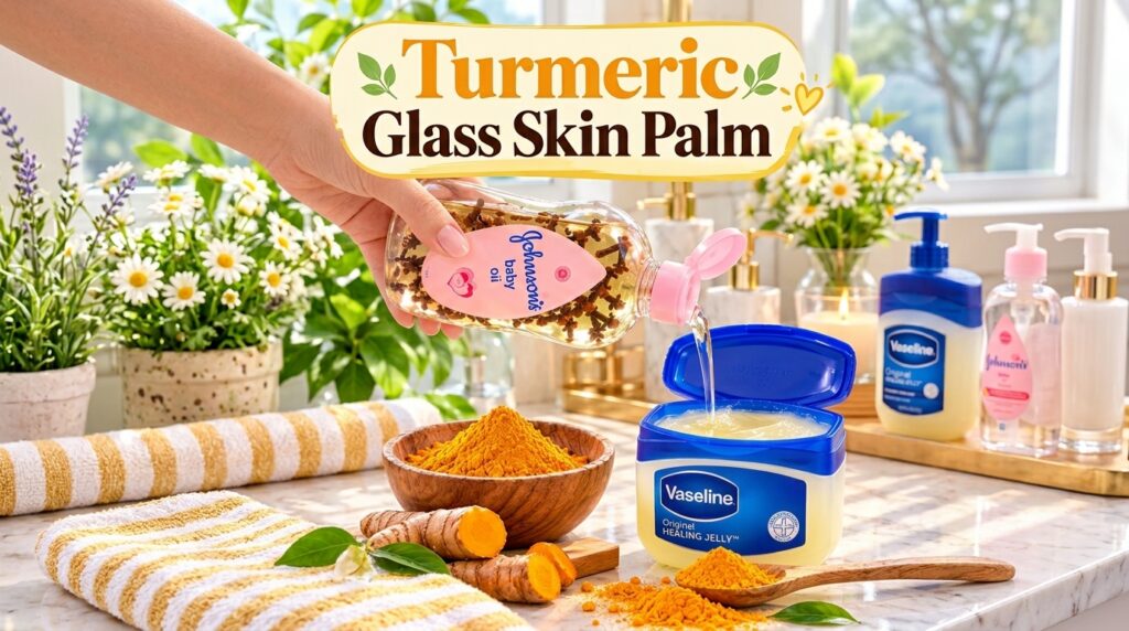 A vibrant DIY beauty preparation scene featuring a hand pouring Johnson s baby oil infused with cloves into a jar of Vas