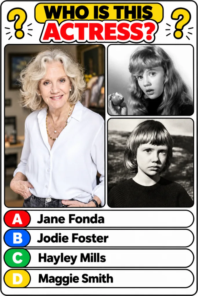 A multiple-choice quiz image featuring an older smiling blonde woman in a color photo and two black-and-white photos of 