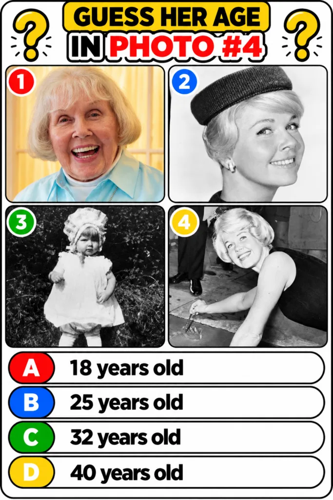 A multiple-choice quiz image showing a black and white portrait of Audrey Hepburn with four celebrity names as options b