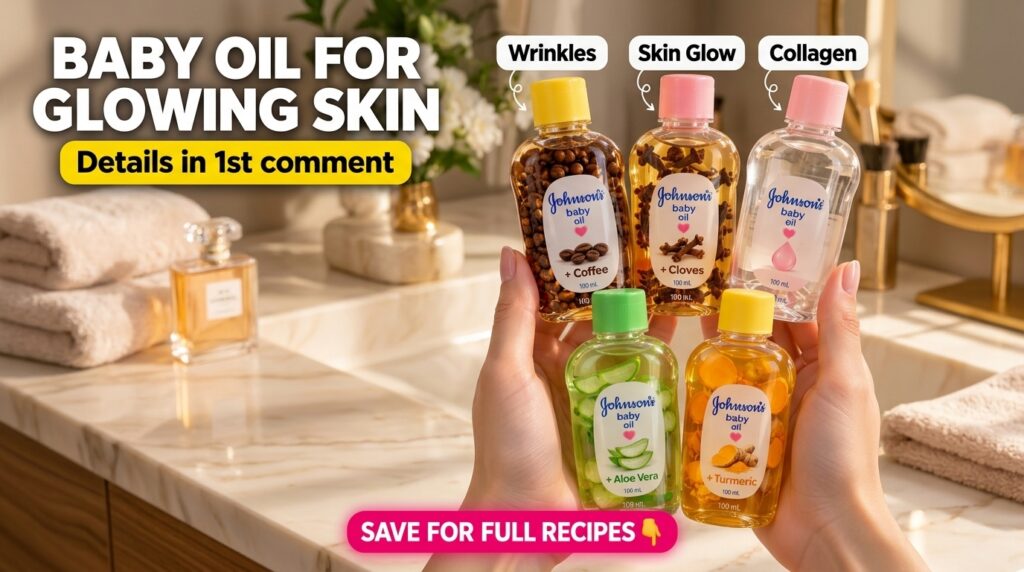 A close-up of a pair of hands holding five small bottles of infused baby oil Each bottle contains a different natural in