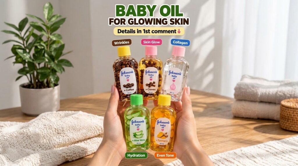 Five small bottles of Johnson s baby oil each infused with a different natural ingredient like coffee cloves aloe vera a