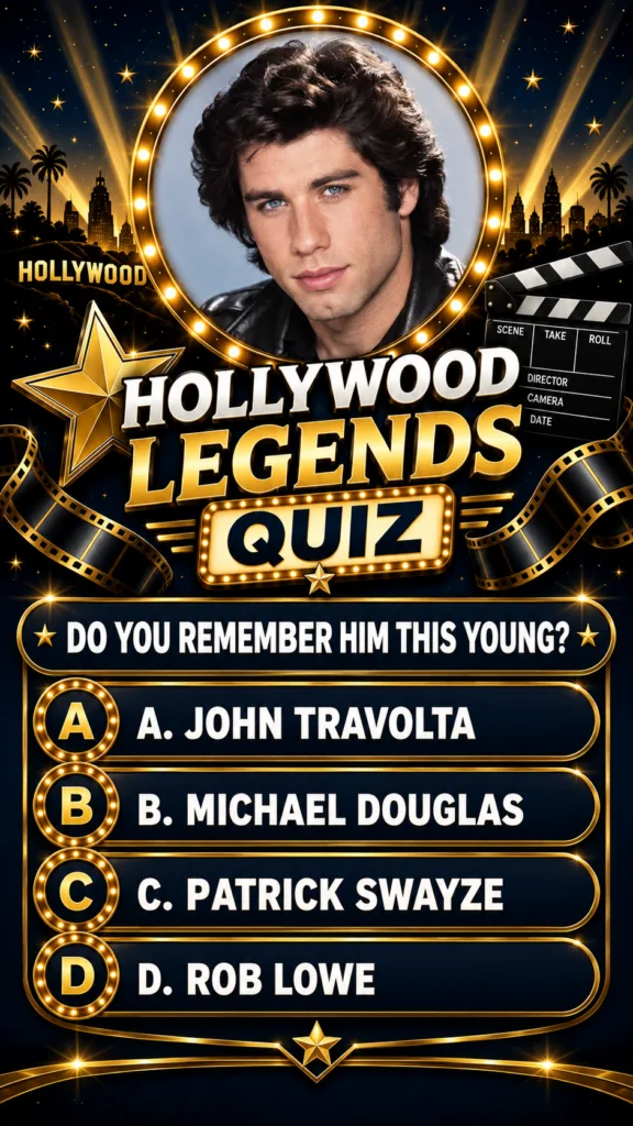 A vertical Hollywood-themed quiz graphic featuring a youthful portrait of John Travolta in a circular frame with marquee