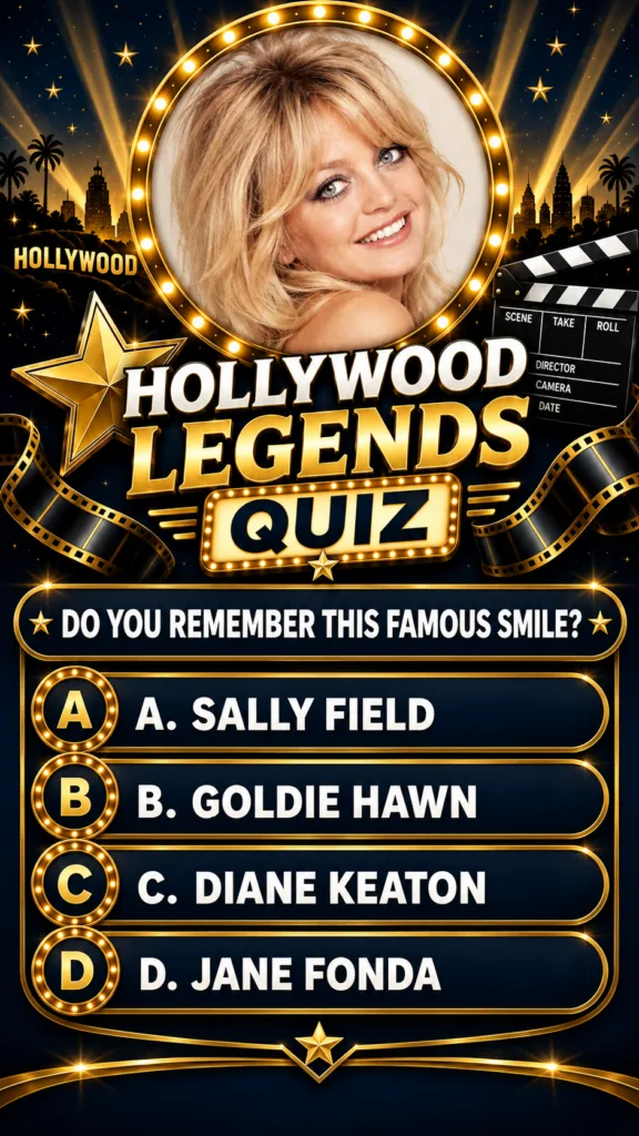 A vibrant quiz poster featuring a portrait of actress Goldie Hawn in a spotlighted circular frame with a Hollywood citys