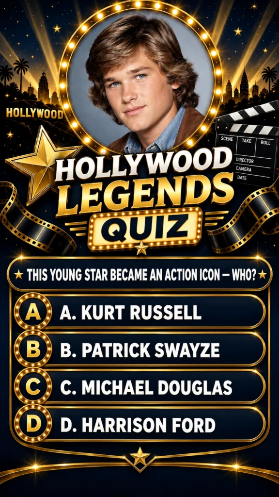 A Hollywood Legends Quiz graphic featuring a central portrait of a young Kurt Russell in a circular illuminated frame ag