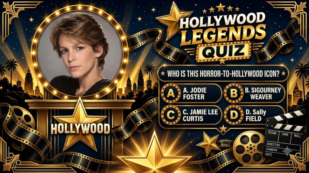 A Hollywood Legends Quiz poster featuring a headshot of Jamie Lee Curtis in a gold-lighted circular frame set against a