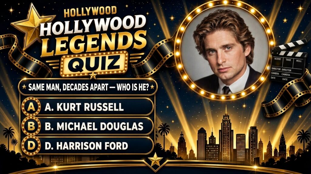 A quiz interface titled Hollywood Legends Quiz with a circular portrait of a young Michael Douglas framed by glowing lig