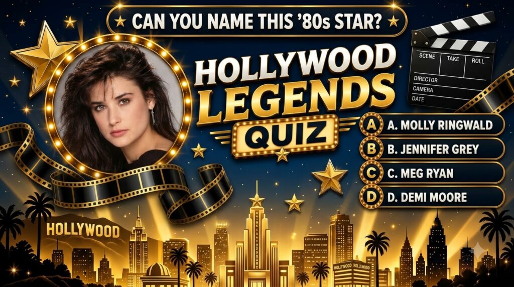 A vertical Hollywood Legends Quiz graphic featuring a headshot of a young Demi Moore in a circular illuminated frame at 