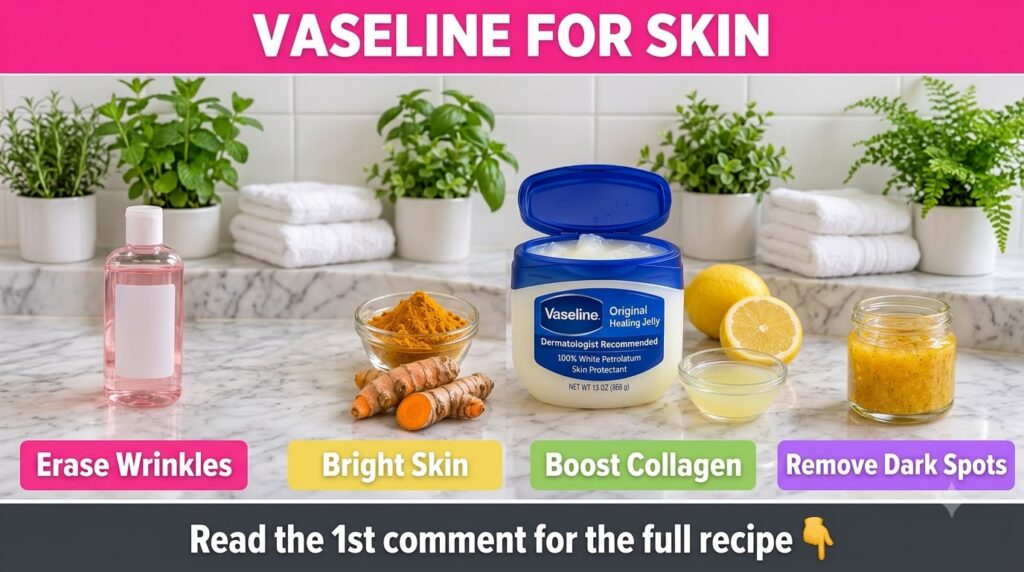 A collage of four segments each showing an open jar of Vaseline paired with natural ingredients like lemon turmeric and 