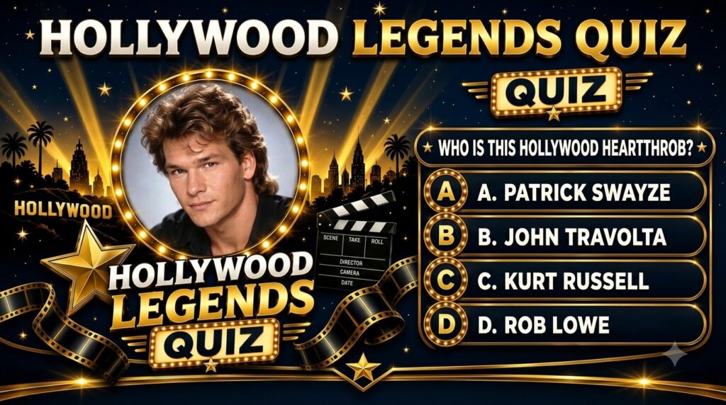 Quiz poster featuring a headshot of Patrick Swayze in a circular marquee frame against a dark starry Hollywood cityscape