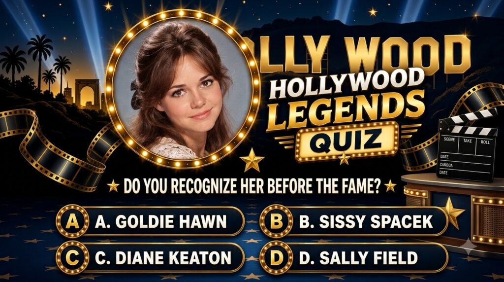 A quiz infographic asking users to identify a young Sally Field in a circular frame set against a dark starry Hollywood-