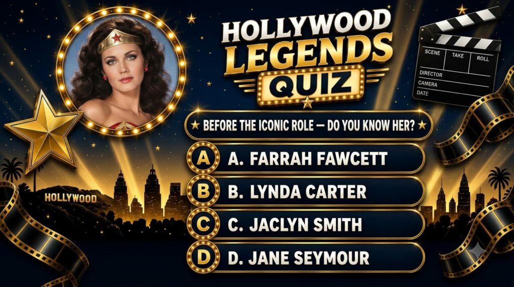 A vibrant Hollywood Legends Quiz poster featuring a portrait of Lynda Carter as Wonder Woman within a circular marquee f