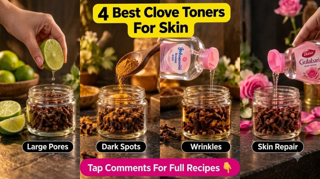 A four-panel grid showing different clove toner preparations top left with lime juice top right with turmeric powder bot