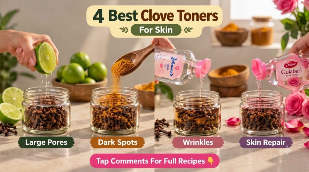 A vertical collage showcasing four distinct DIY clove toner preparations in glass jars with hands adding ingredients lik