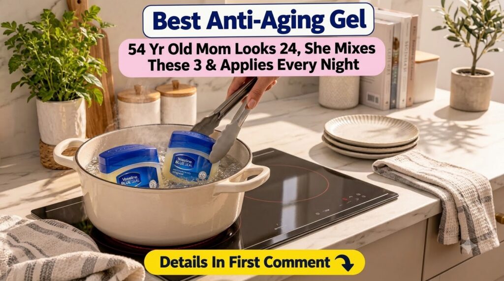 Two jars of Vaseline petroleum jelly in a pot of boiling water on an induction cooktop with steam rising and a hand hold