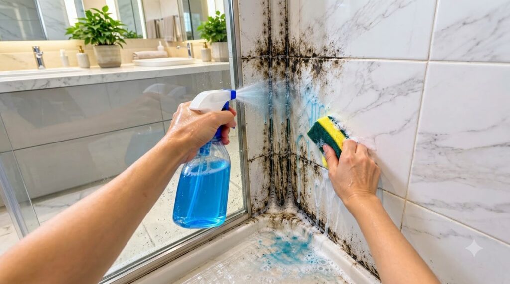 Una persona con guantes de goma limpiando el moho de una esquina de ducha con una botella de spray y una esponja