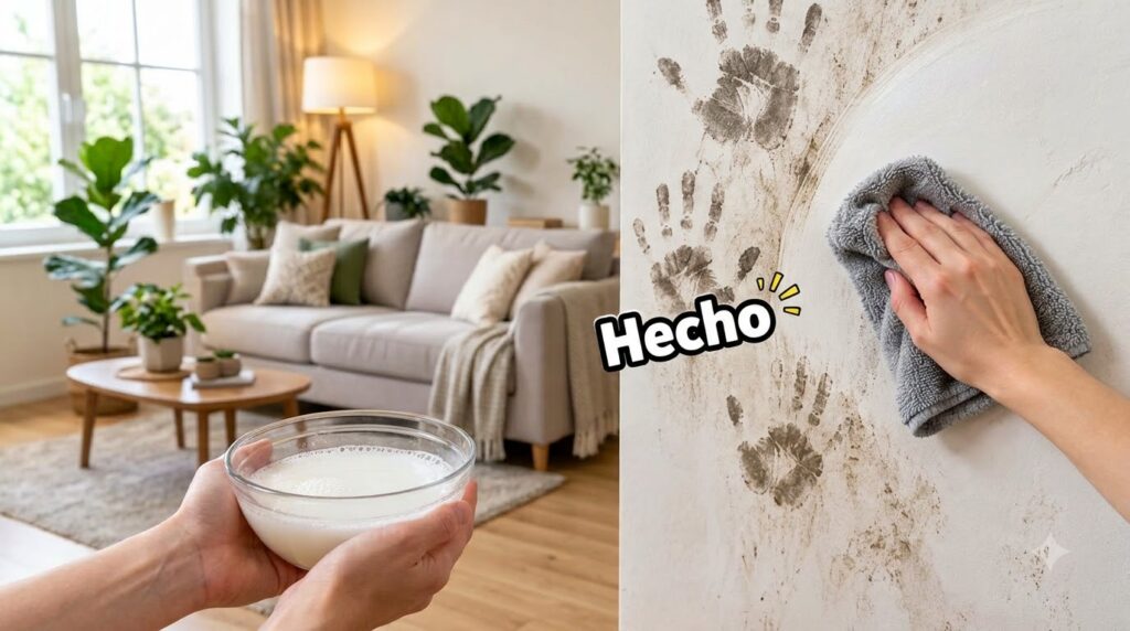 Mano limpiando huellas sucias de una pared blanca con un paño de microfibra gris mientras otra mano sostiene un recipien