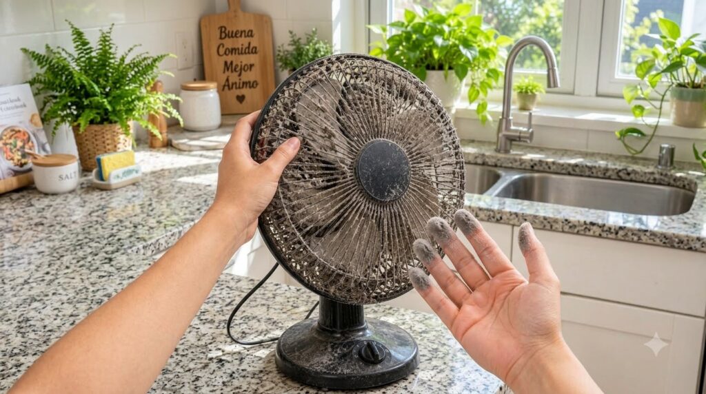 Close-up of a severely dust-covered electric fan with hands touching the grille highlighting the grime and dust on finge