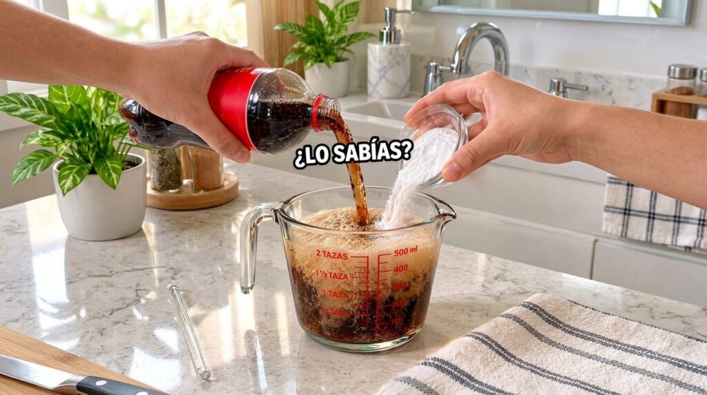 Hands pouring dark fizzy soda into a measuring cup while another hand tips white powdered sugar into it creating foam