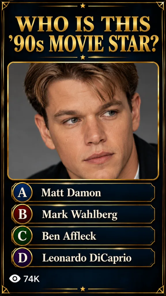 A social media quiz asking Who Is This 90s Movie Star featuring a close-up portrait of actor Matt Damon
