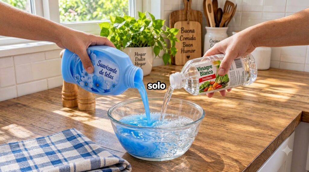 Two hands pouring fabric softener and white vinegar into a clear glass bowl on a wooden kitchen counter showing the liqu