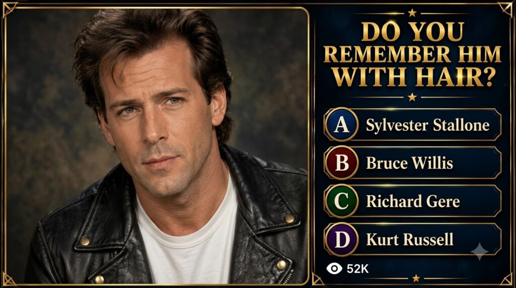 A quiz graphic featuring a younger Bruce Willis with dark wavy hair wearing a black leather jacket and white t-shirt aga