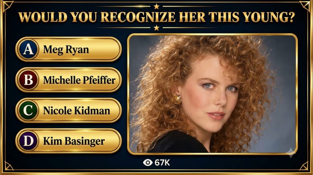 A trivia card featuring a portrait of a young Nicole Kidman with distinct curly red hair looking directly at the viewer 