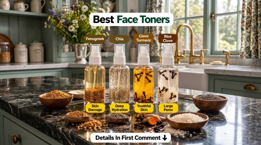 Four clear spray bottles of homemade natural toners with raw ingredients like fenugreek chia cloves and rice laid out on