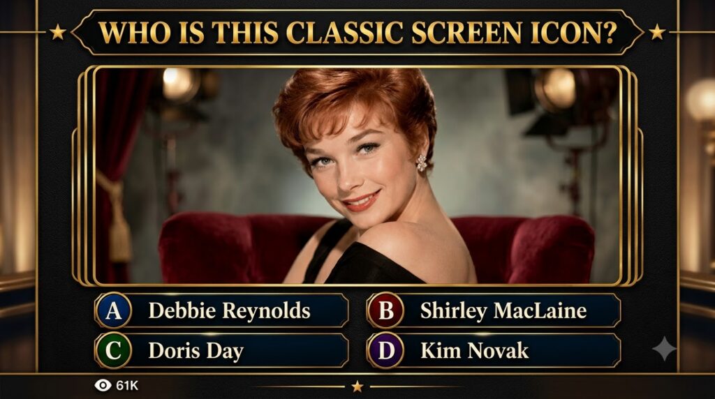 A classic quiz card featuring a vibrant portrait of a smiling Shirley MacLaine with short reddish-brown hair and an eleg