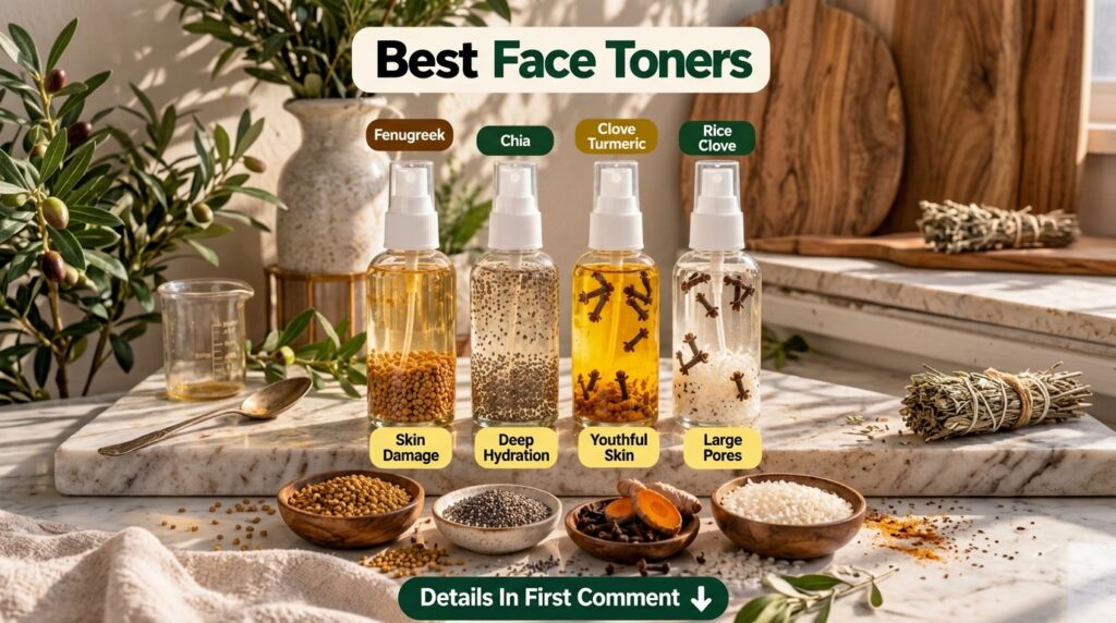 Four clear spray bottles filled with natural toners made from fenugreek chia turmeric cloves and rice Raw ingredients ar